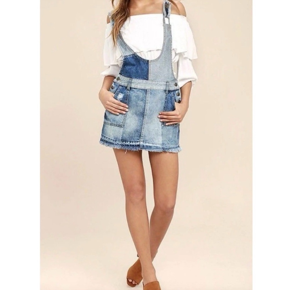 The Free People Patchwork Blues Blue Denim Pinafore Dress